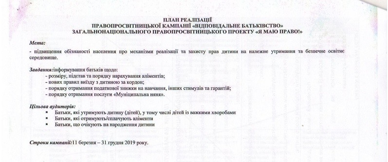 План реалізації правопросвітницької кампанії "Відповідальне батьківство"